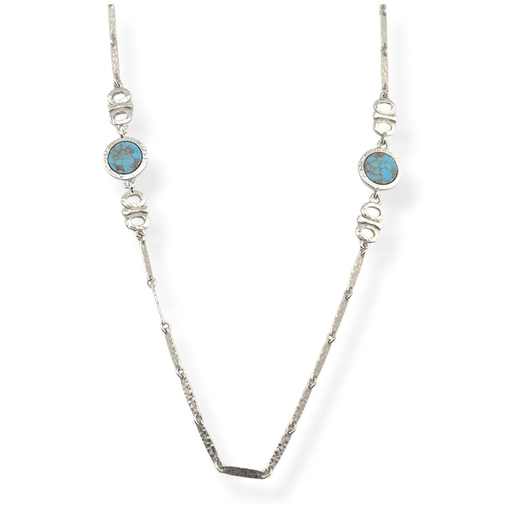 VTG Sarah Coventry Silvery Moon Necklace 1977 Hammered Silver Tone Turquoise 29"